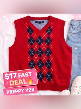 Tommy Hilfiger Red Argyle Sweater Vest Men’s / Women’s Preppy Y2K Oversized 🔥